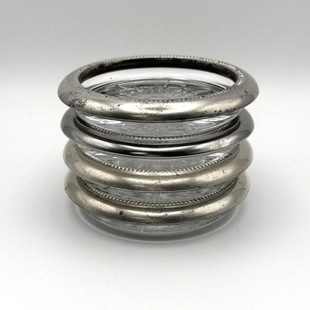 Vintage Leonard Italy Silverplate Glass Starburst Coasters Set of 4 Gadroon Rim